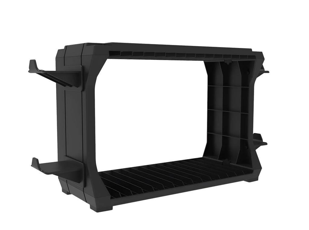 Black PS5 and Xbox Series X disc holder with integrated controller stand organising game cartridges