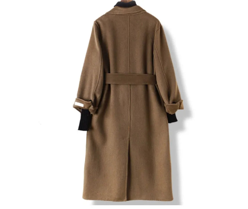 Wool coat with long suit collar in black and caramel colour options