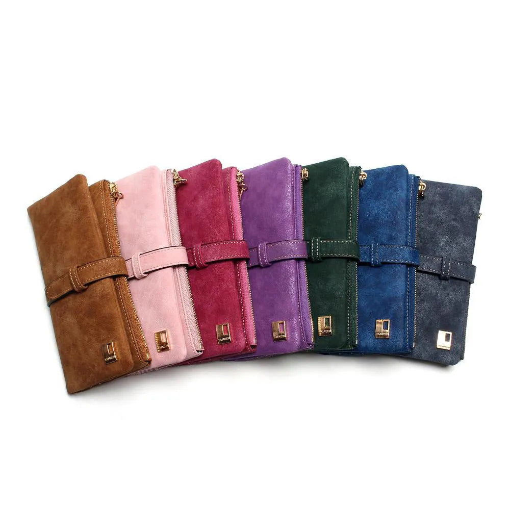 Korean style retro long women's wallet open showing multiple compartments and phone pouch