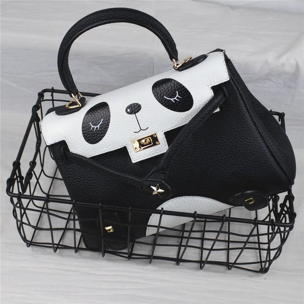 Panda pattern cowhide leather handbag in horizontal square shape, two size options