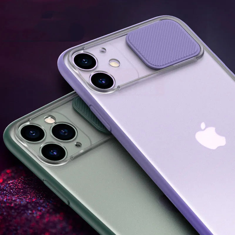 Frosted frame silicone phone case for iPhone in various colours including blue, pink, and black.