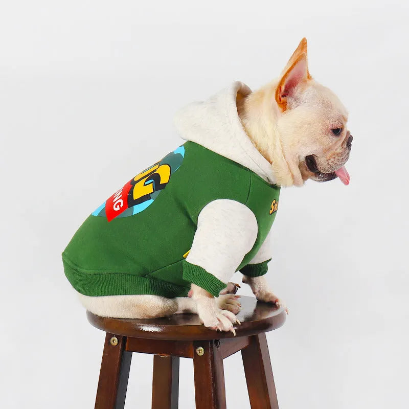 A green cotton dog jumper or sweater for large breeds, shown on a hanger.