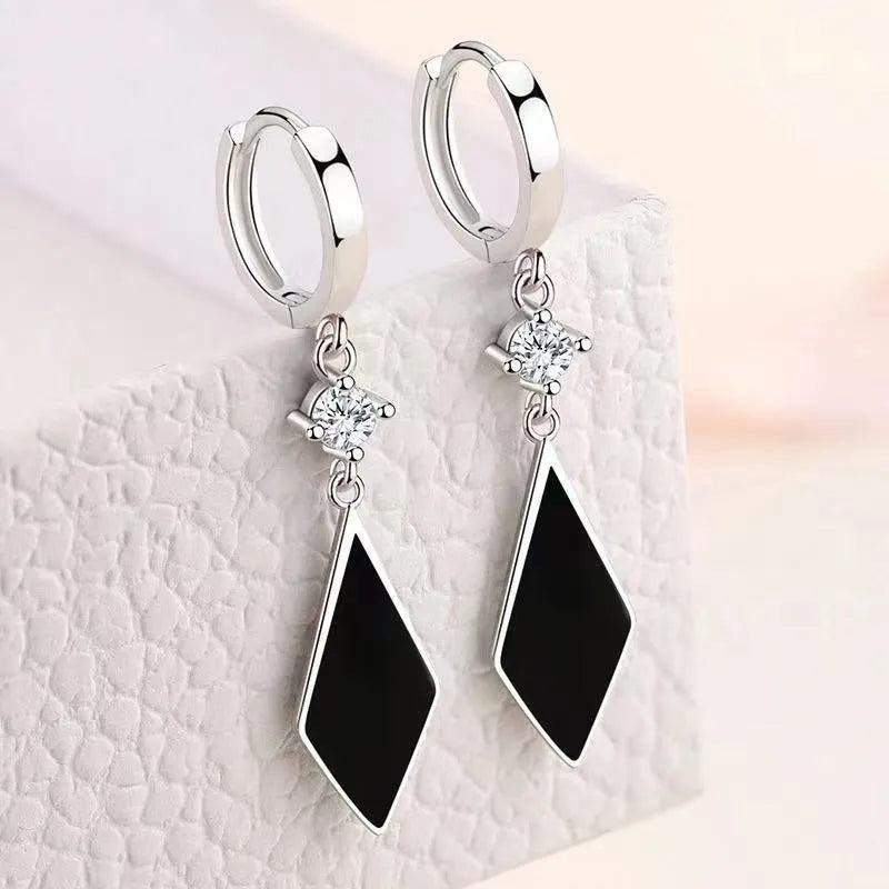 Silver vintage diamond geometric earrings with Japanese Korean styling on zinc alloy