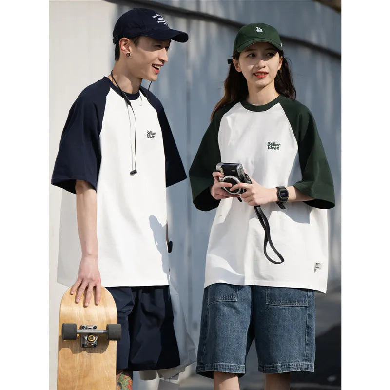 Men's blue casual raglan sleeve T-shirt with loose fit and thin fabric for layering