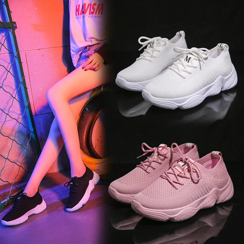 Women's white thick-soled woven sports shoes with a front strap and round toe