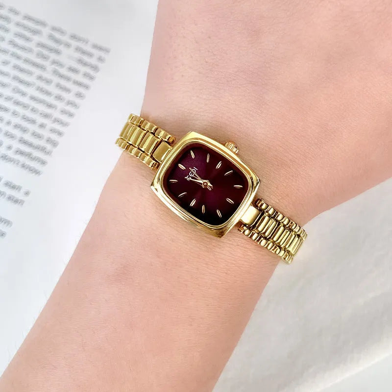 Small gold watch with gold alloy case and strap, 8mm thin, gold face