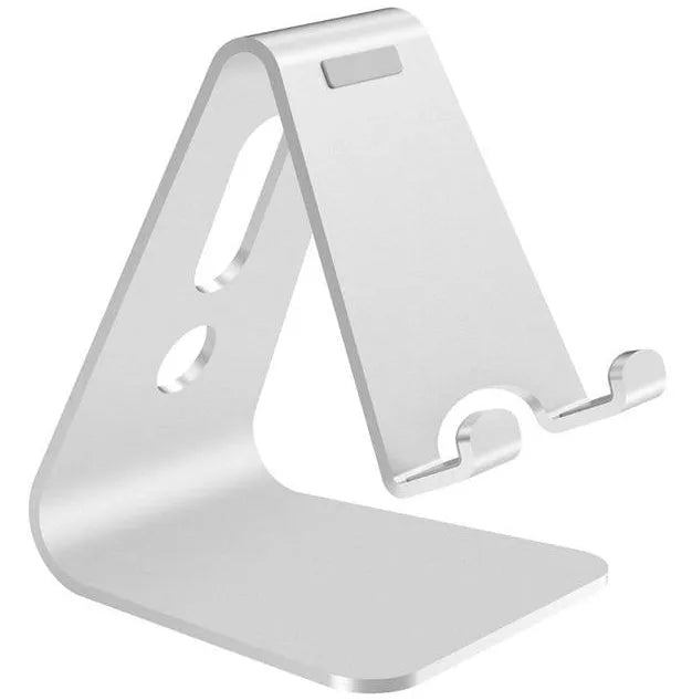 Aluminium alloy universal phone and tablet stand in black, red, rose gold, and silver colour options.