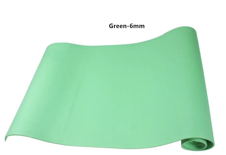 Red and blue EVA fitness yoga mats showing 4mm and 6mm thickness options on a wooden floor.