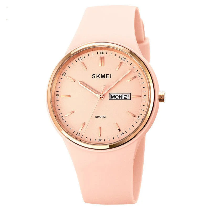Quartz calendar watch with silicone strap, 42mm dial, waterproof to 30 metres in six colour options