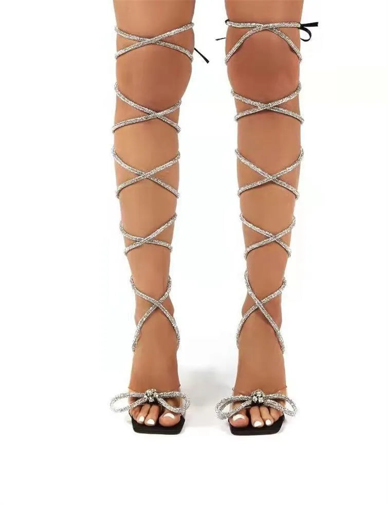 Plus size women's sandals with Roman rhinestone straps and square toe design in black colour