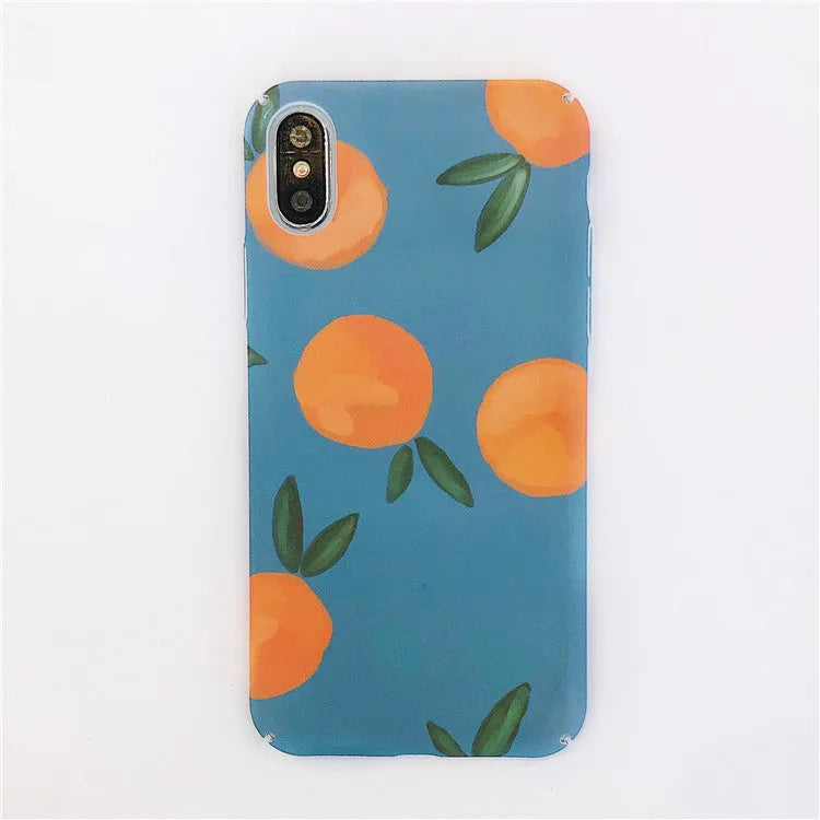 Orange plastic iPhone case with retro-style water and blue background design.