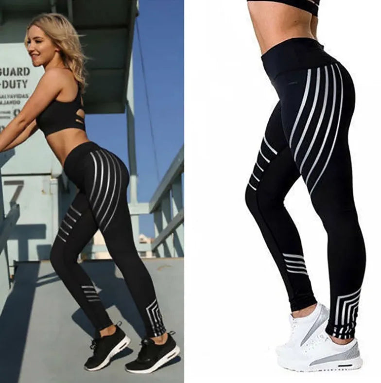 Women's black high-waist workout leggings with night-glowing prints made from milk silk fabric