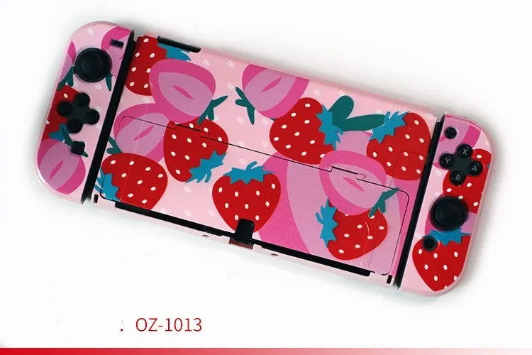 Nintendo Switch OLED hard protective case with cartoon pattern design showing front and back views