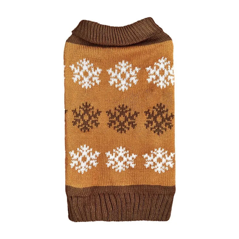 Dog wearing brown and grey Christmas sweater with snowflake pattern design
