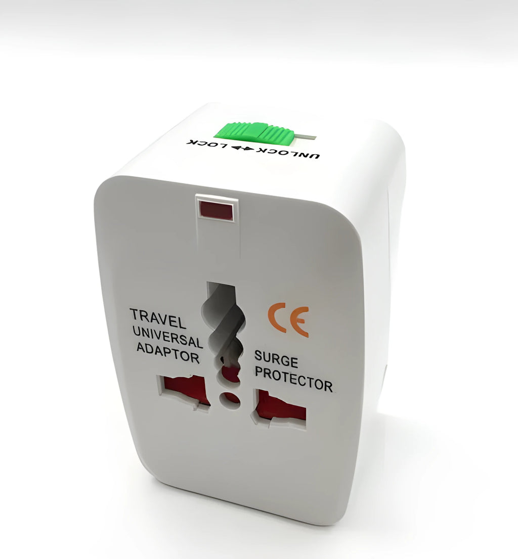 White universal travel plug converter showing UK and European sockets, with dimensions 73mm by 50mm by 39mm.