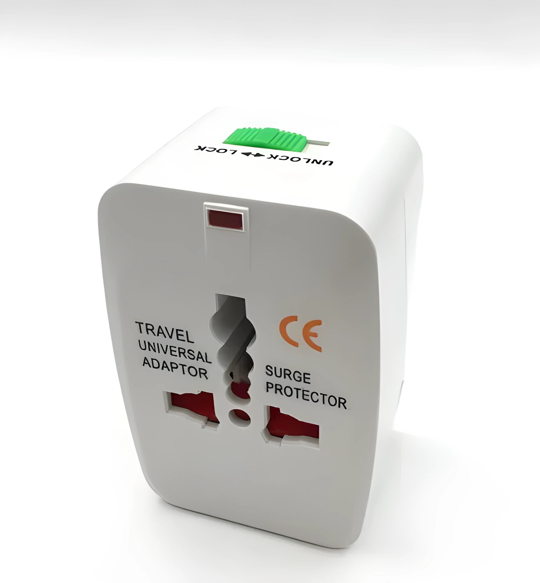 White universal travel plug converter showing UK and European sockets, with dimensions 73mm by 50mm by 39mm.