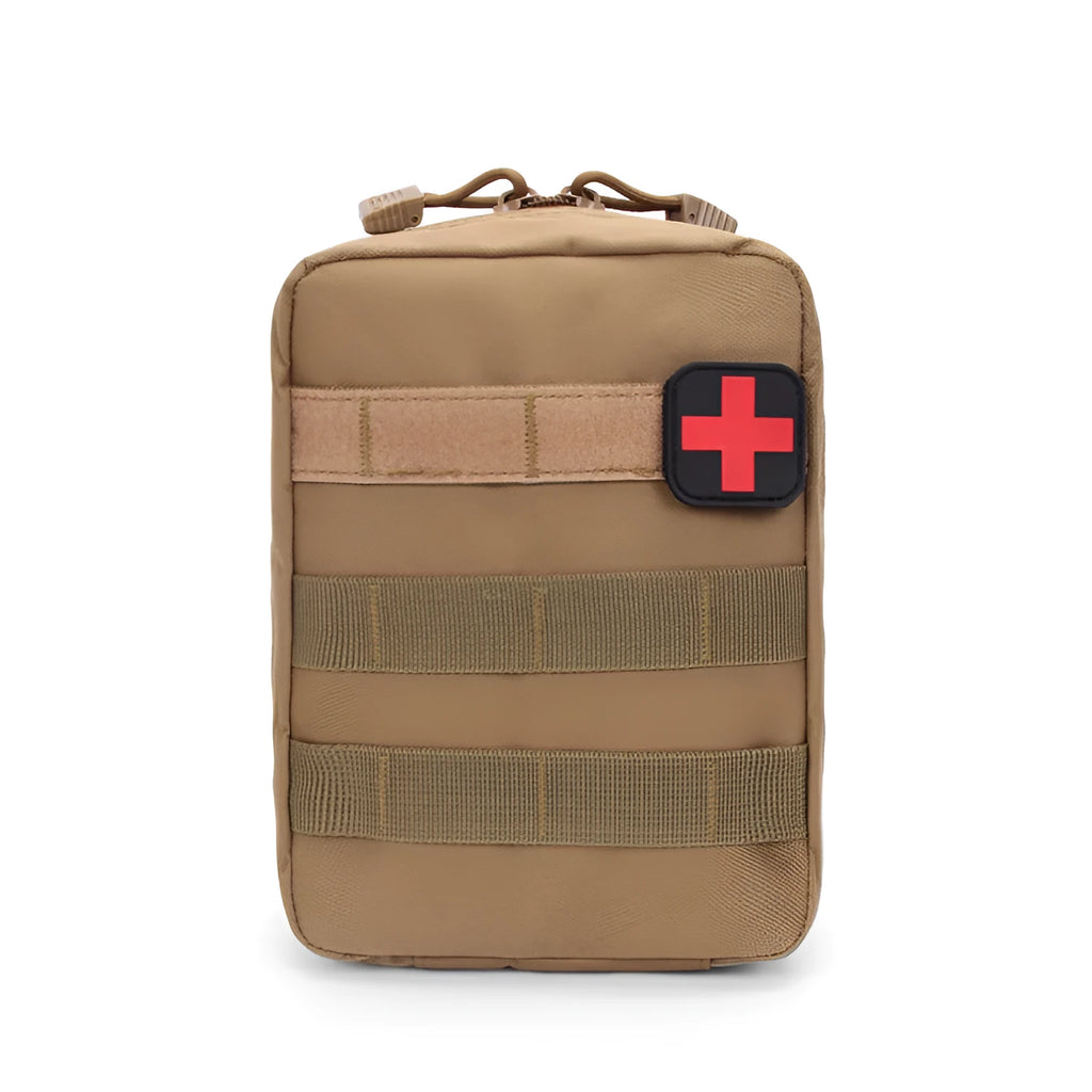 Army green nylon tactical medical pouch with Velcro panel attached to a vest.