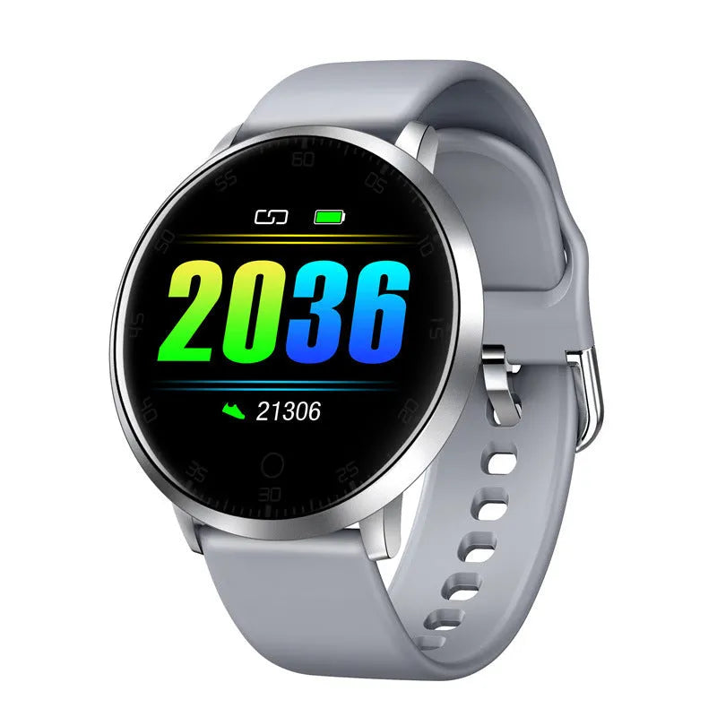 Smart health bracelet with touch screen display on silicone wrist strap in silver colour option