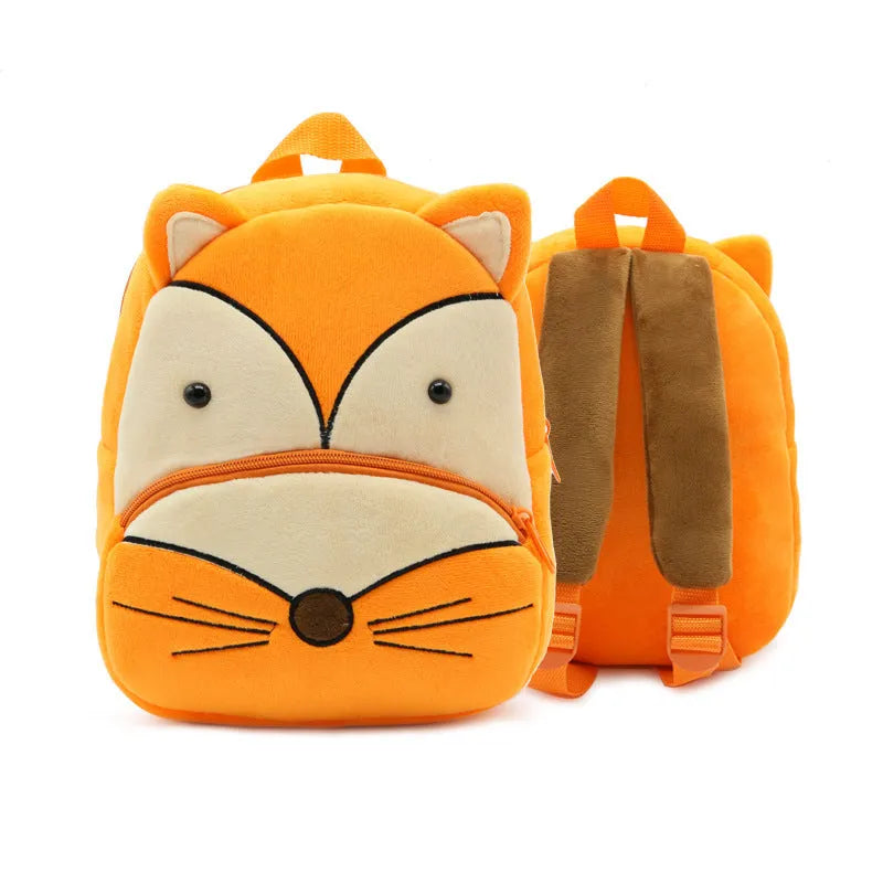 Plush children's backpack with animal design showing soft texture and zipper opening