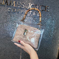 Bamboo knot woven women's shoulder bag in khaki with chain accent and hasp closure on white background