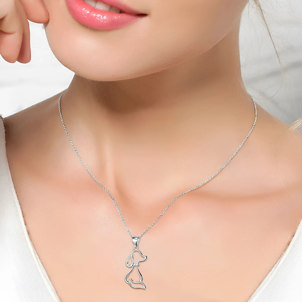 925 sterling silver dog pendant necklace with round bead chain on display