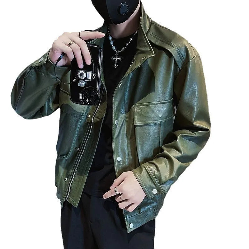 Men's black Korean style PU leather jacket with side pockets on a hanger