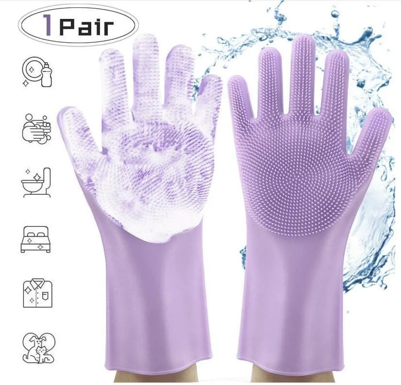 Blue silicone scrubbing gloves showing textured palm and finger surfaces for cleaning