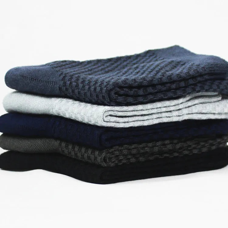 Men's bamboo fibre business socks with small square pattern, shown in colour options including black and navy blue.