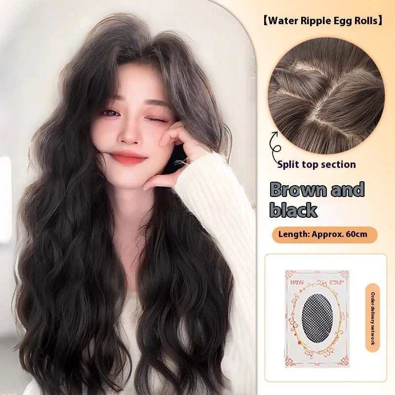 Full-head long curly synthetic wig with side bangs in cold brown colour.