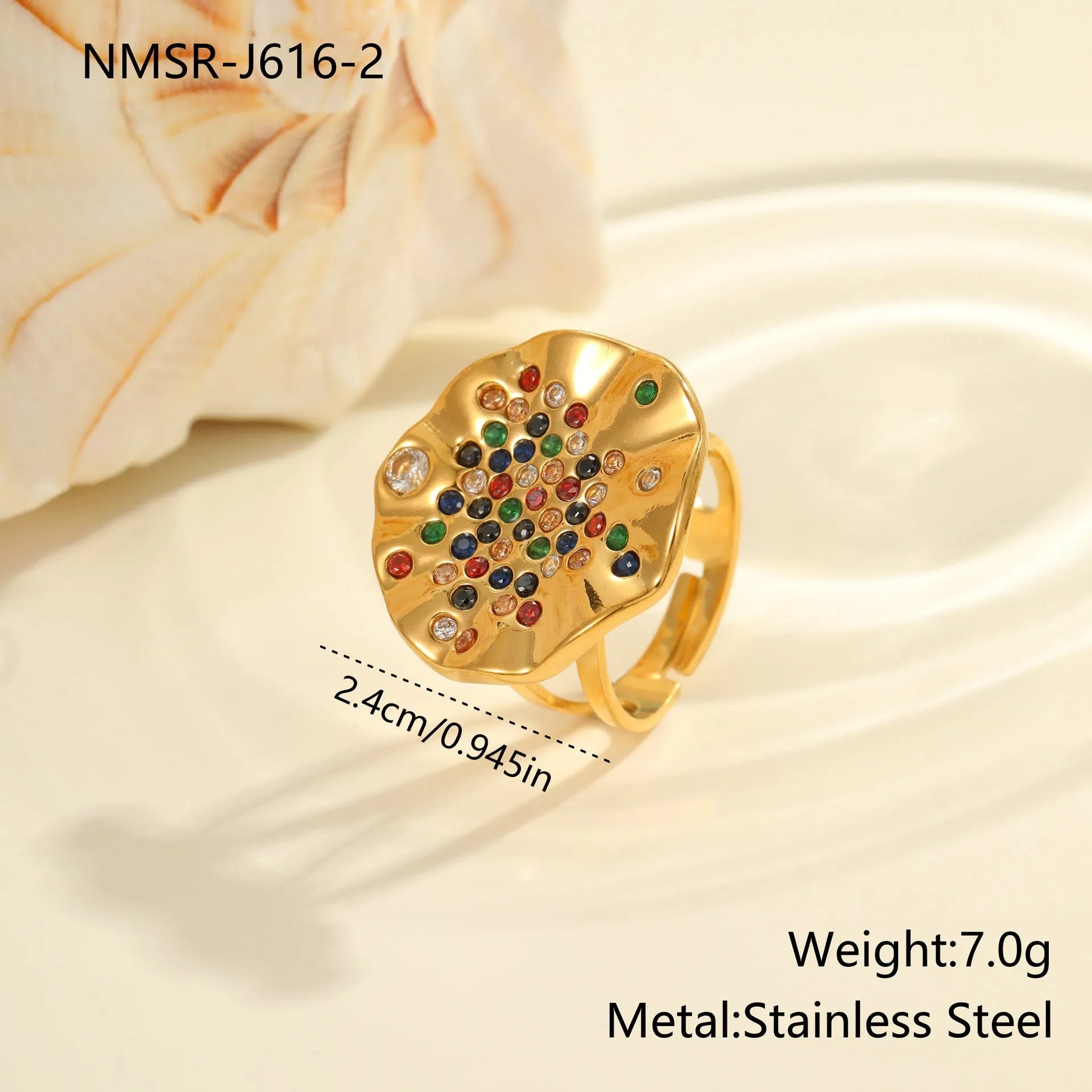 Geometric pleated stainless steel ring with open mouth adjustable design and inlaid coloured crystals