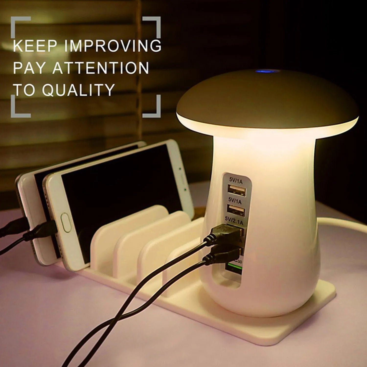 Mushroom-shaped white LED desk lamp with 5 USB charging ports for phones and tablets