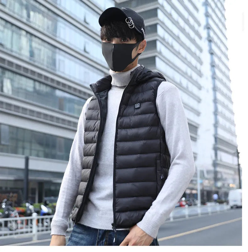 Heated cotton vest in black with USB power cable for outdoor winter use