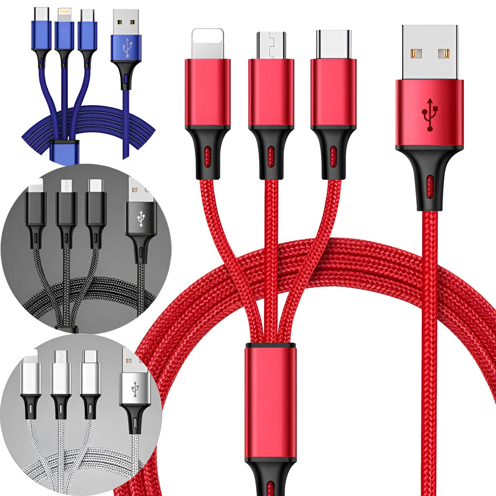 Braided 3-in-1 universal data cable with aluminium alloy connectors showing black blue silver red colour options