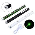 Three green laser pointer pens in black, camouflage pattern, and white colours