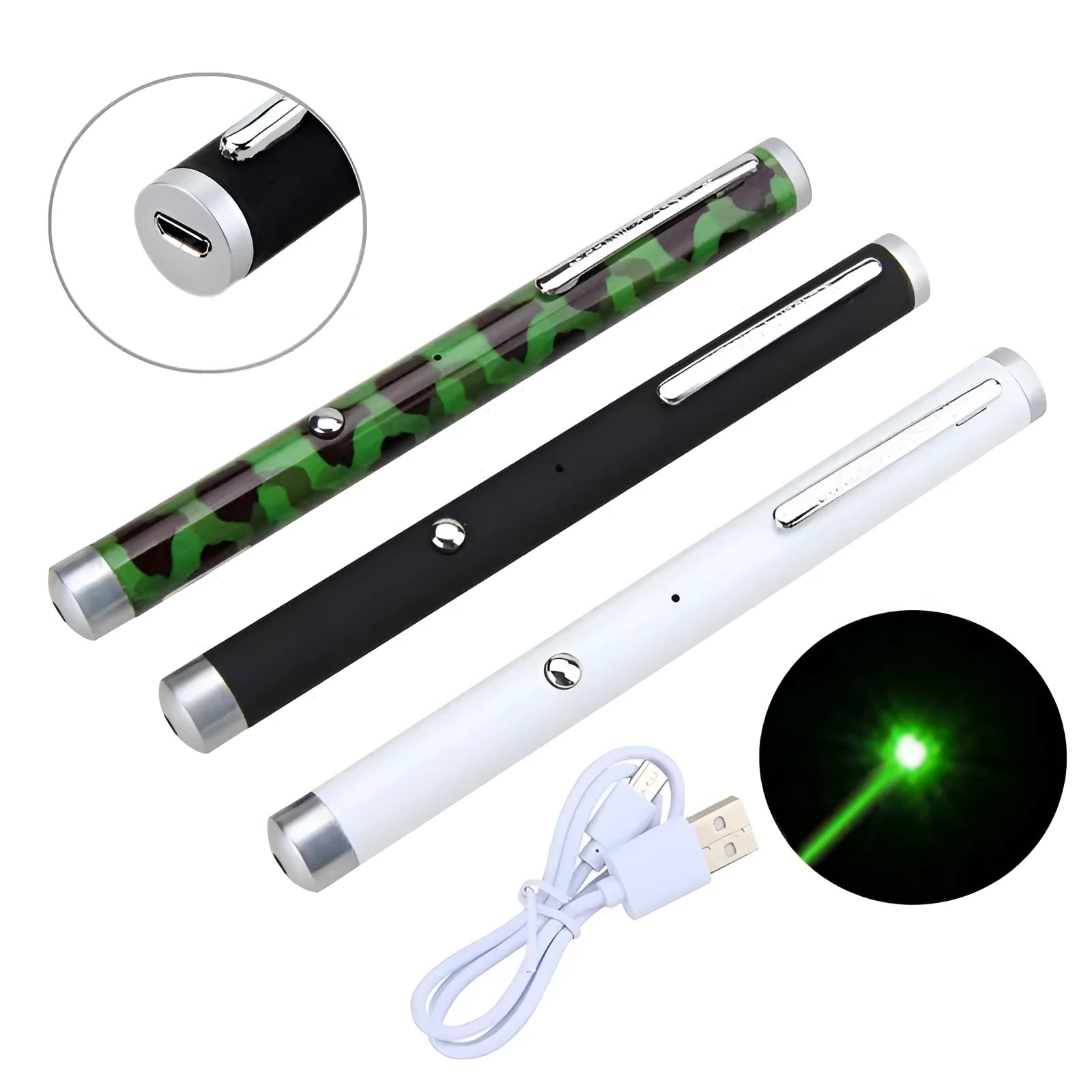 Three green laser pointer pens in black, camouflage pattern, and white colours