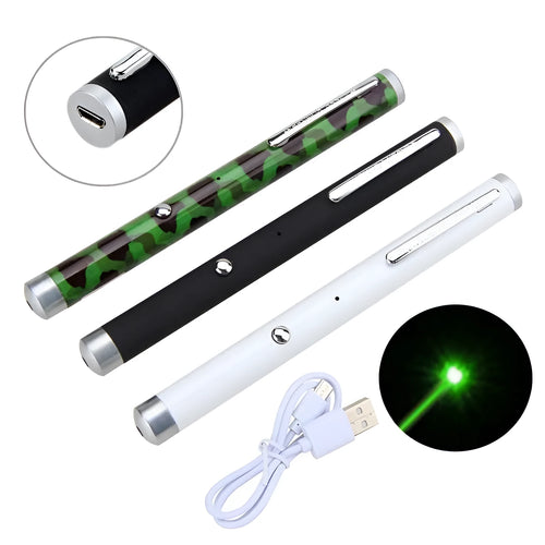 Three green laser pointer pens in black, camouflage pattern, and white colours