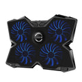 Blue computer cooling base with four LED fans and USB ports for desktop heat dissipation