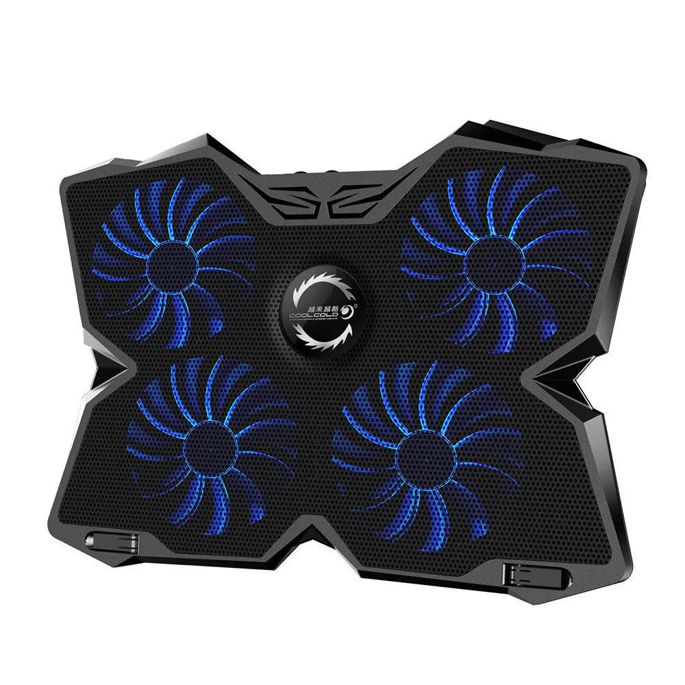 Blue computer cooling base with four LED fans and USB ports for desktop heat dissipation