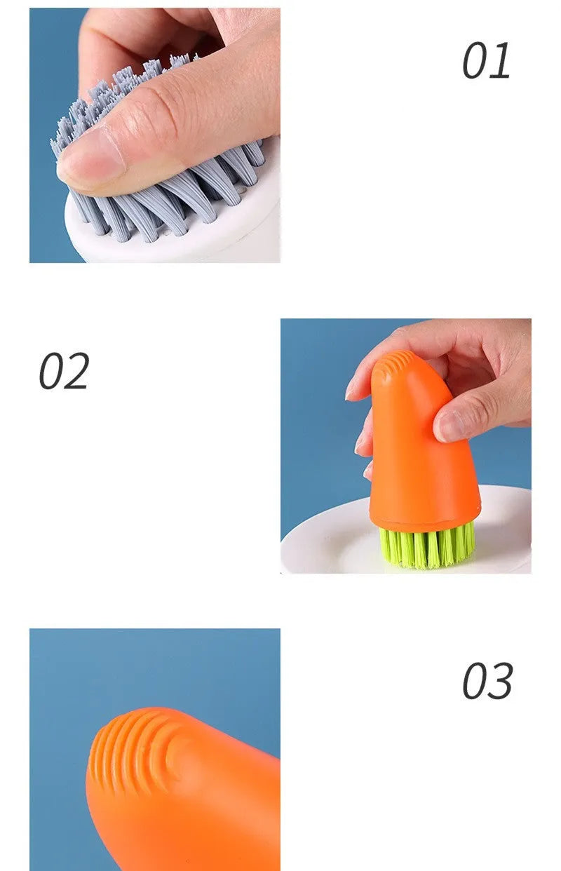 Orange and white carrot-shaped kitchen brush with nylon bristles for scrubbing.