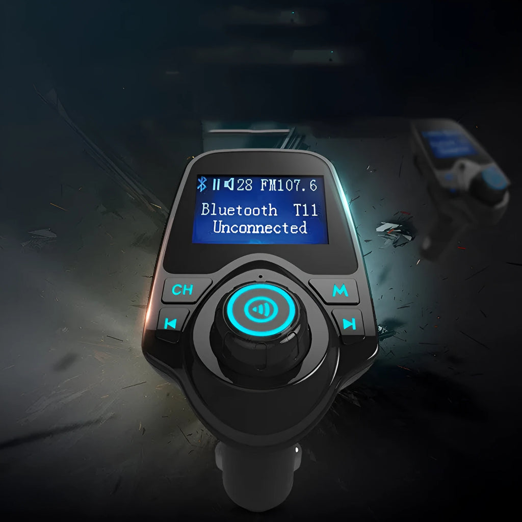 Black G7 Car Bluetooth FM Transmitter with USB port and TF card slot for hands-free calls and music streaming.