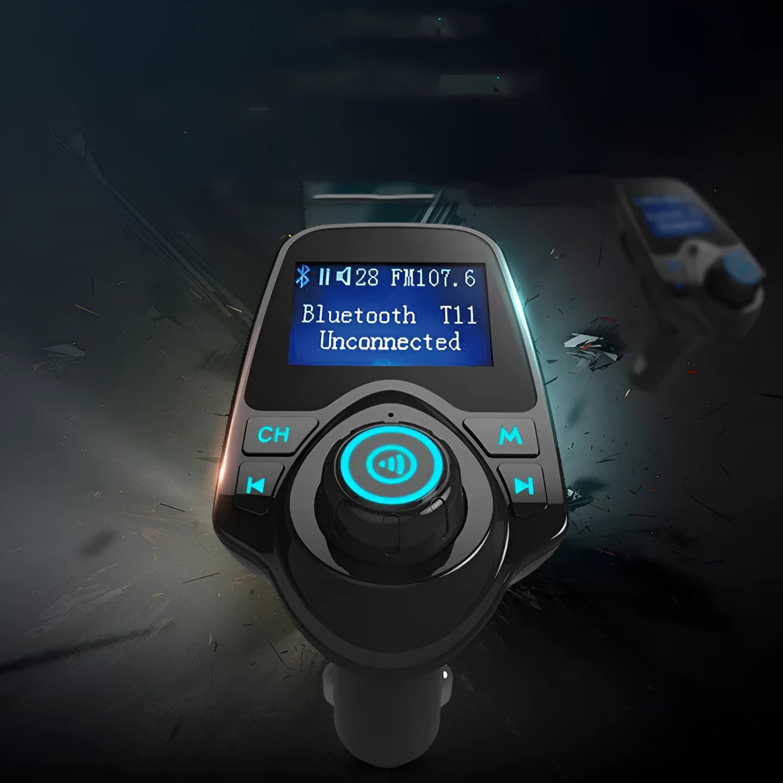 Black G7 Car Bluetooth FM Transmitter with USB port and TF card slot for hands-free calls and music streaming.