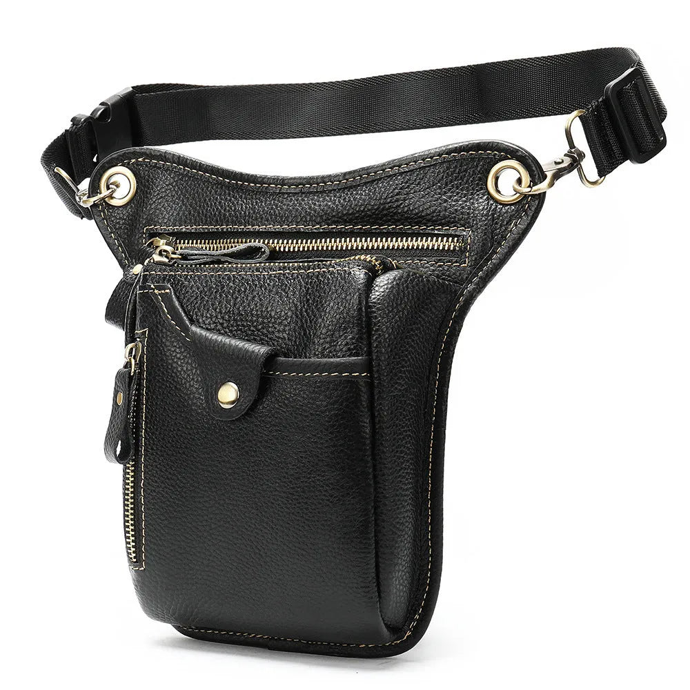 Men's brown crazy horse leather vintage satchel bag with a flap closure and adjustable shoulder strap.