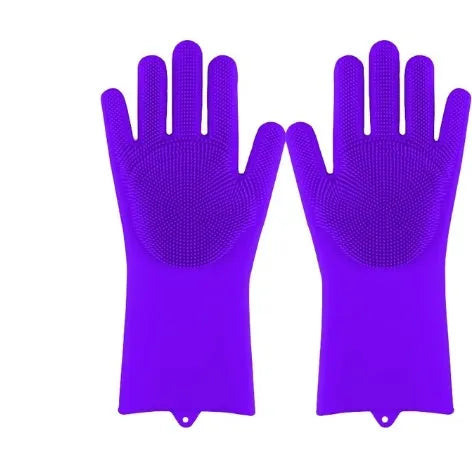 Blue silicone scrubbing gloves showing textured palm and finger surfaces for cleaning