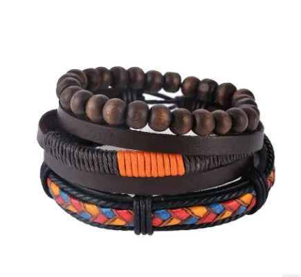 Handmade leather wrap bracelet with wooden beads and adjustable closure for men and women