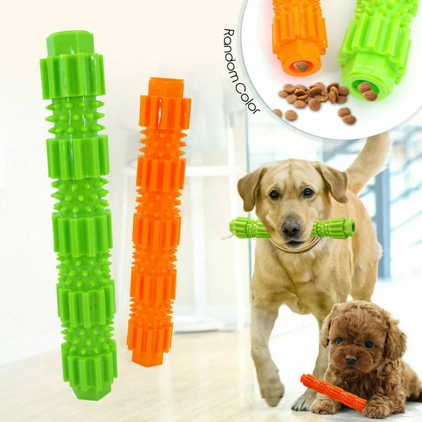 Green natural rubber dog chew toy with textured surface and treat-dispensing hole.