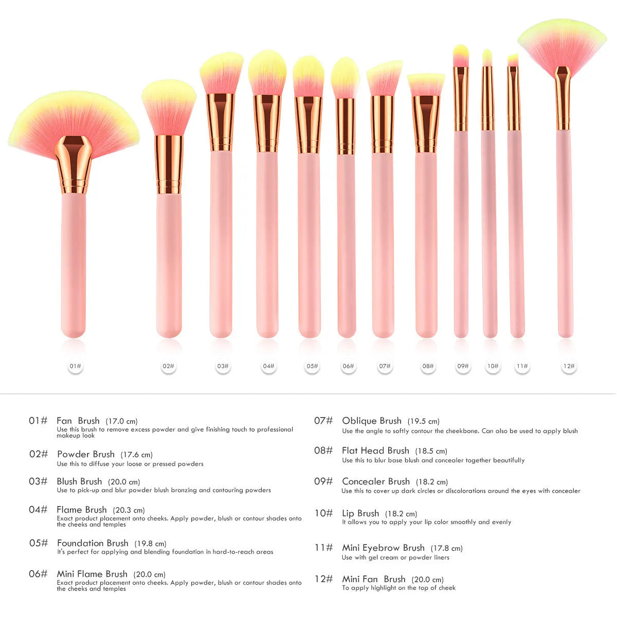 Pink 10-piece makeup brush set with nylon wool bristles and wooden handles laid out on a flat surface