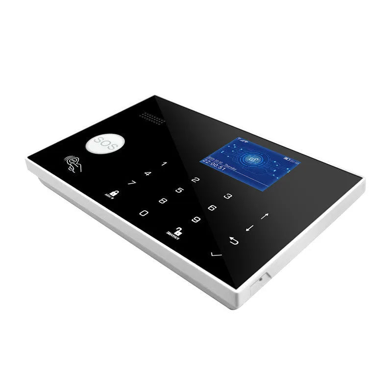 Intelligent WiFi GSM touch button household burglar alarm host unit on a table.
