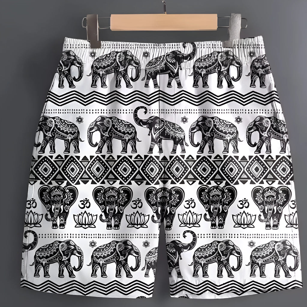 Men's casual polyester shorts in camouflage pattern, laid flat showing waistband and leg.