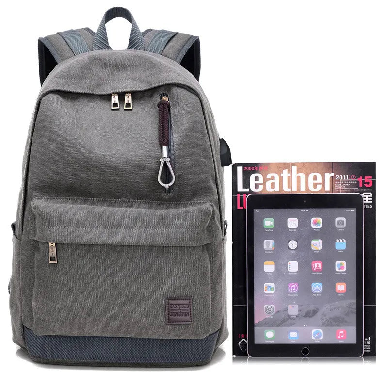 Canvas backpack with USB charging port showing computer pocket and available colour options