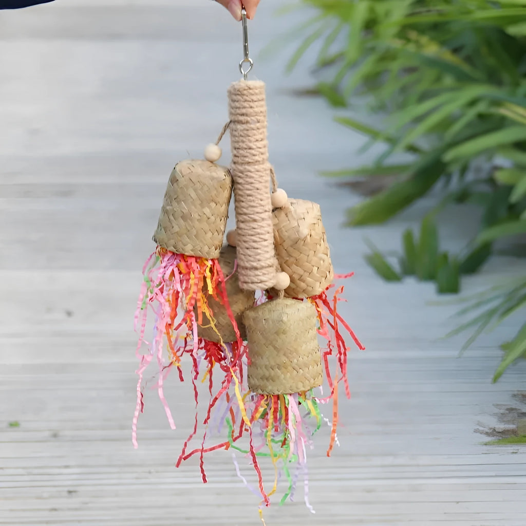 Colourful shredded paper hanging bird toy for parrots with wooden frame and sisal rope
